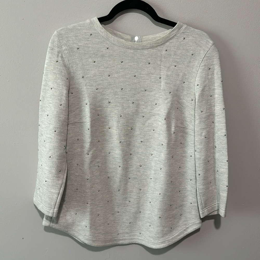 Akris Punto Grey Metal Studded Zipper Back Crewneck Sweatshirt Sz 8